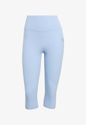 Lyseblå, højtaljede, korte træningsleggings med minimal syning og lille rundt logo på øverste lår.