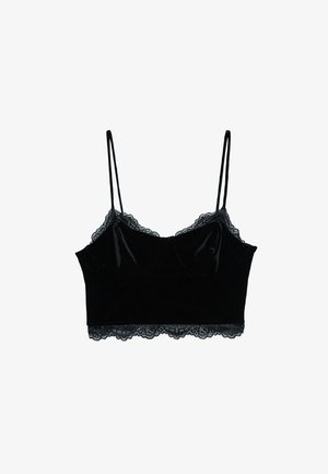 Černý sametový bralet s průhledným krajkovým lemováním na horním a dolním okraji, s tenkými nastavitelnými ramínky a jemnou texturou.