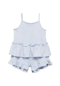Ljusblått barnens tvådelade set som består av en ärmlös topp med volanger och matchande shorts med volangkant. Mjuk, slät tyg.