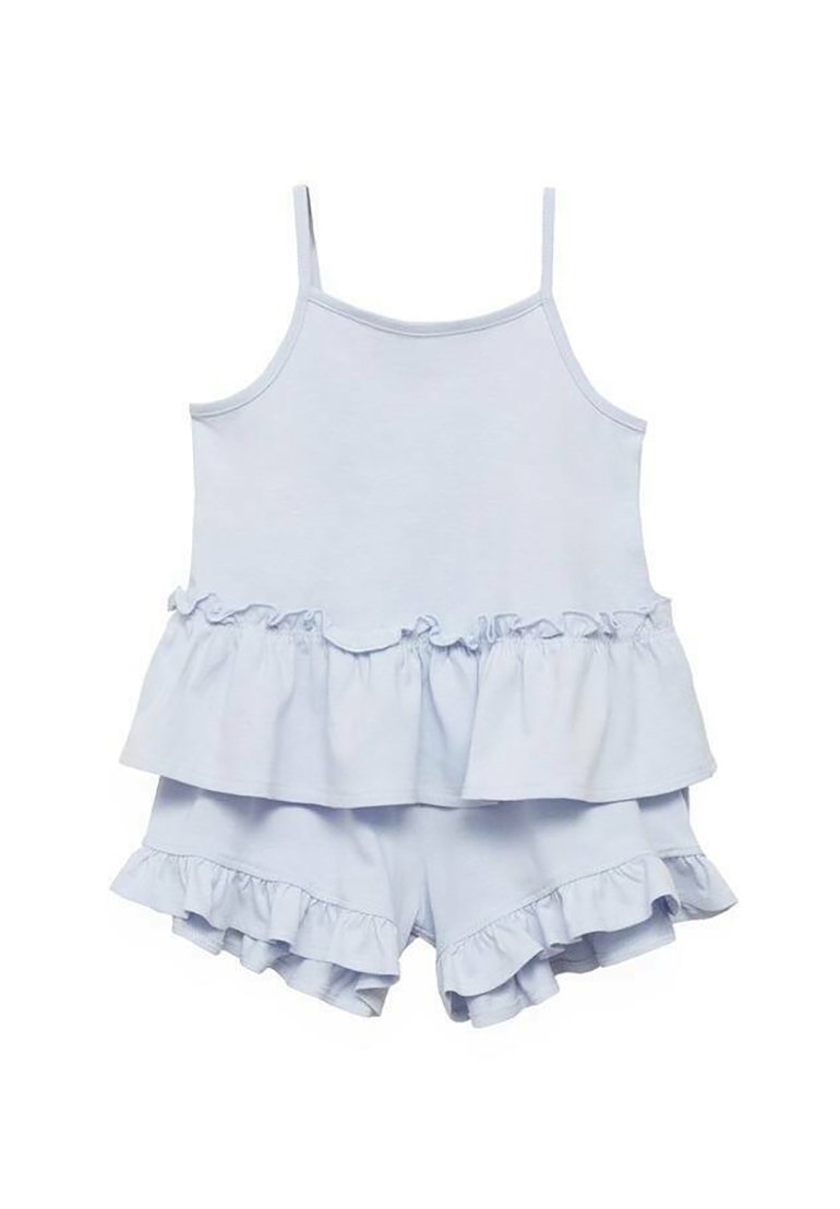 Ljusblått barnens tvådelade set som består av en ärmlös topp med volanger och matchande shorts med volangkant. Mjuk, slät tyg.