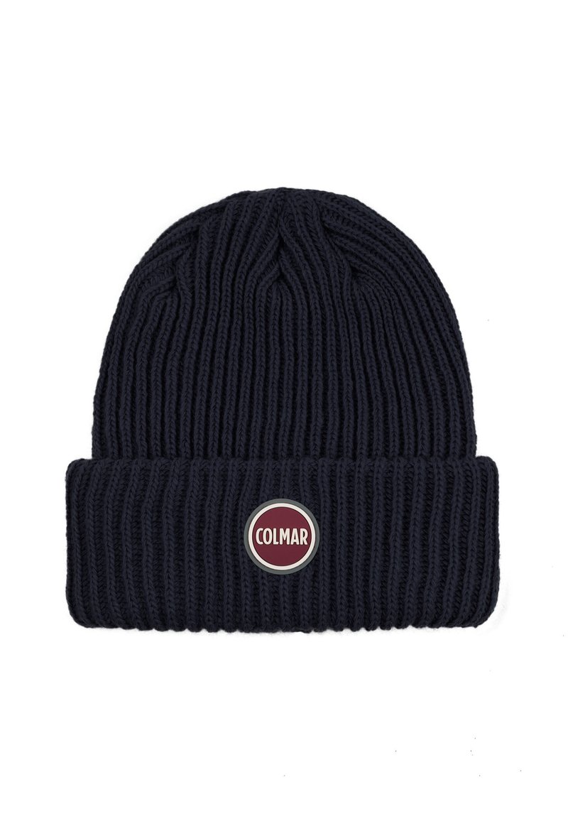 Tumed villane beanie ribblikujulise tekstuuriga, millel on volditud serv ja ümmargune punase ja valge Colmari logo patch esiküljel.