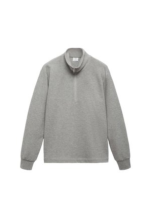 Sudadera gris con cuello de cremallera de un cuarto, mangas largas, puños acanalados y un corte relajado. Tejido suave con una textura lisa.