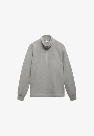 Siv pulover s kapuco in četrt zadrgo, dolgimi rokavi, rebrastimi manšetami in sproščenim krojem. Mehka tkanina z gladko teksturo.