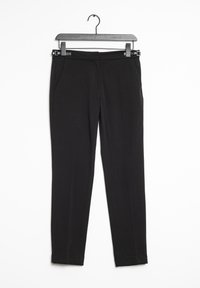 Pantalon noir en tissu extensible, doté de poches latérales et d'une coupe étroite. La taille est plate, sans fermetures visibles.