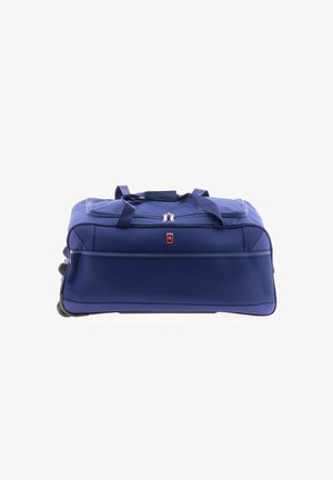 Blaue Duffle Bag mit rechteckiger Form, aus strapazierfähigem Stoff gefertigt. Verfügt über doppelte Reißverschlussverschlüsse, verstärkte Griffe und zwei Räder für hohe Mobilität.