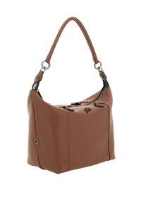 Borsa a mano in pelle marrone con finitura testurizzata, chiusura a zip e manico curvo. Accenti in metallo argentato notevoli e zip nera a contrasto.