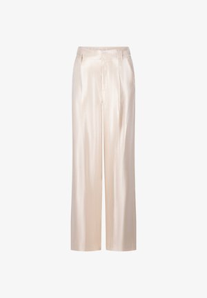 Crèmekleurige satijnen broek met hoge taille, wijde pijpen, tailleband, ceintuurlussen, voorplooien en zijzakken.