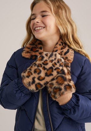 Tumesinine paks talvejope, millel on leopardimustriline kunstkarusnahkne krae ja kinnased. Kinnastel on pehme tekstuur ning julged pruunid ja mustad laigud.