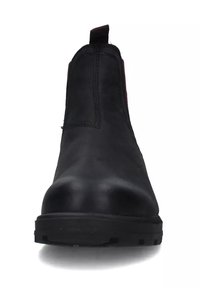 Stivaletto Chelsea in pelle nera con pannelli laterali elasticizzati, linguetta sul retro e suola in gomma spessa, visto di fronte.