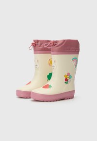 Stivali da pioggia in gomma con corpo crema, parte superiore rosa e vari adesivi colorati tra cui un coniglio, sole, fiore e accenti arcobaleno.