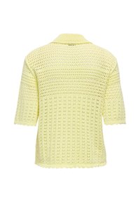 Haut court à manches courtes en crochet jaune clair avec motif ajouré texturé et petit col, vu de dos.