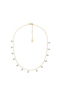Gold chain necklace featuring multiple circular pendants with an eye motif, detailed in light blue, dark blue, and white.