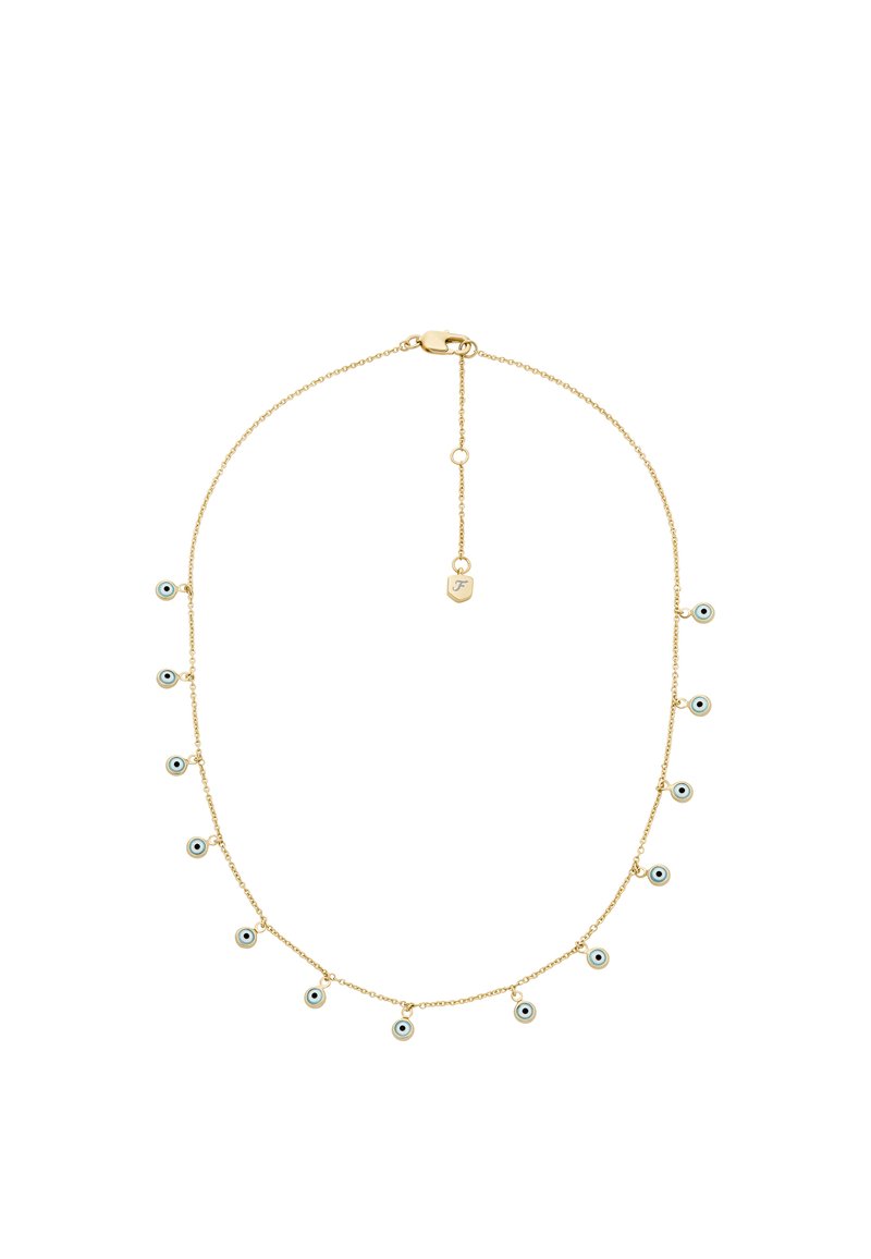 Gold chain necklace featuring multiple circular pendants with an eye motif, detailed in light blue, dark blue, and white.