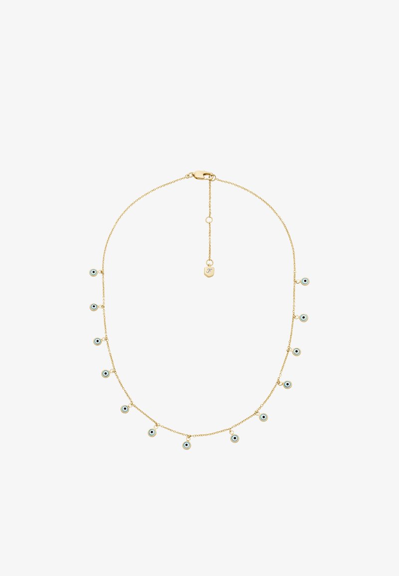 Collier en chaîne dorée comportant plusieurs pendentifs circulaires avec un motif d'œil, détaillés en bleu clair, bleu foncé et blanc.