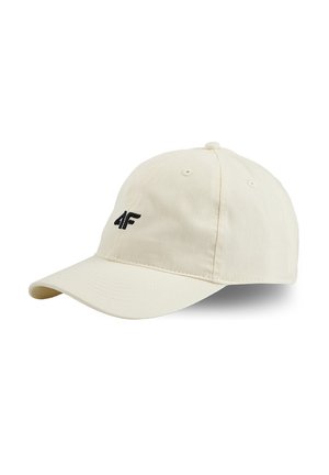 Beżowa czapka z daszkiem z zakrzywionym daszkiem i czarnym logo "4F" z przodu, widziana pod kątem na jednolitym białym tle.