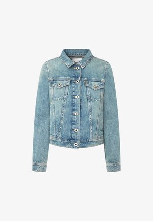 Světle modrá denimová bunda s límcem, zapínáním na knoflíky a dvěma náprsními kapsami. Má kontrastní stehy a zkrácený střih.