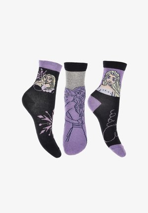 Three pairs of ankle socks: black with purple accents and cartoon design, light gray middle, and purple with contrasting graphics.