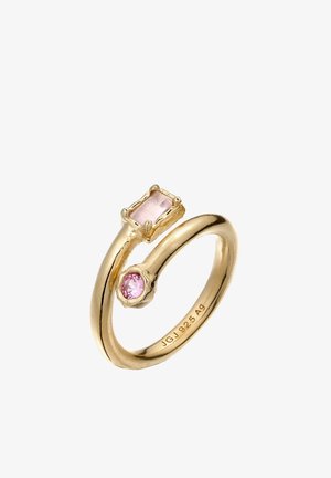 Bague ouverte en or avec deux pierres précieuses roses, une rectangulaire et une ronde, avec "JGJ 925 A9" gravé à l'intérieur de l'anneau.