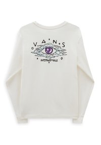 Langärmliges, cremefarbenes Sweatshirt mit Rundhalsausschnitt und grafischem Design, das ein Auge und Wolken zeigt, beschriftet mit "VANS INTERNATIONALE."