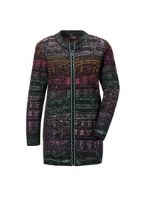 Lange, geprinte cardigan met een veelkleurig ontwerp in schakeringen van zwart, paars, groen en oranje, met een ritssluiting aan de voorkant en een ronde halslijn.