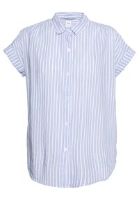 Camicia a maniche corte blu chiaro e bianca a righe con colletto e orlo arrotondato, realizzata in tessuto traspirante.