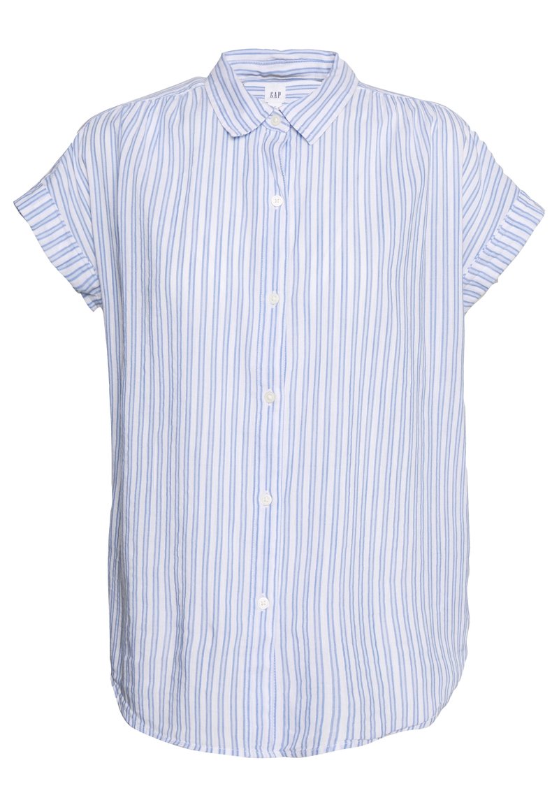 Camicia a maniche corte blu chiaro e bianca a righe con colletto e orlo arrotondato, realizzata in tessuto traspirante.