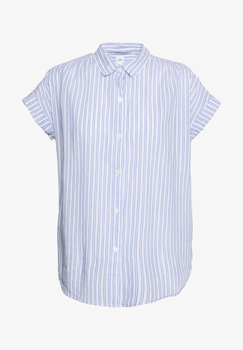 Camicia a maniche corte blu chiaro e bianca a righe con colletto e orlo arrotondato, realizzata in tessuto traspirante.