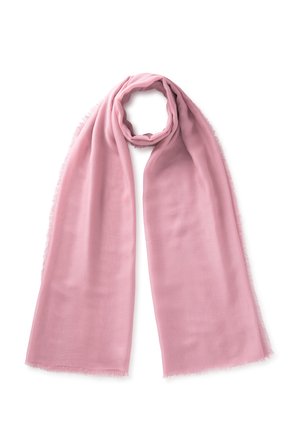 Weichrosa rechteckiger Schal mit leicht ausgefransten Kanten, locker oben zusammengelegt auf weißem Hintergrund.