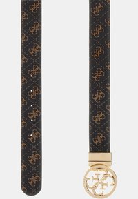 Schwarzer Gürtel mit einem gemusterten Design und goldenen Akzenten. Eine runde goldene Schnalle zeigt ineinander verschlungene Initialen und steigert die Attraktivität des gesamten Gürtels.