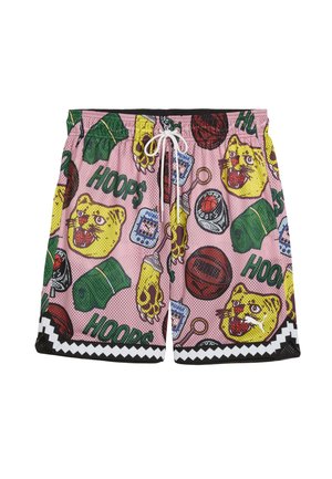 Pantaloni da spiaggia multicolore caratterizzati da un tessuto in rete rosa, grafiche audaci che includono gatti, palloni e testo, con un orlo a motivo nero.