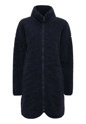 Marineblaue Fleecejacke mit hohem Kragen, durchgehendem Reißverschluss und strukturiertem Material. Verfügt über zwei Seitentaschen und einen abgerundeten Saum.