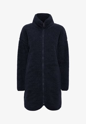 Navy fleece jacket with a high collar, full-length zipper, and textured surface. Features two side pockets and rounded hem.