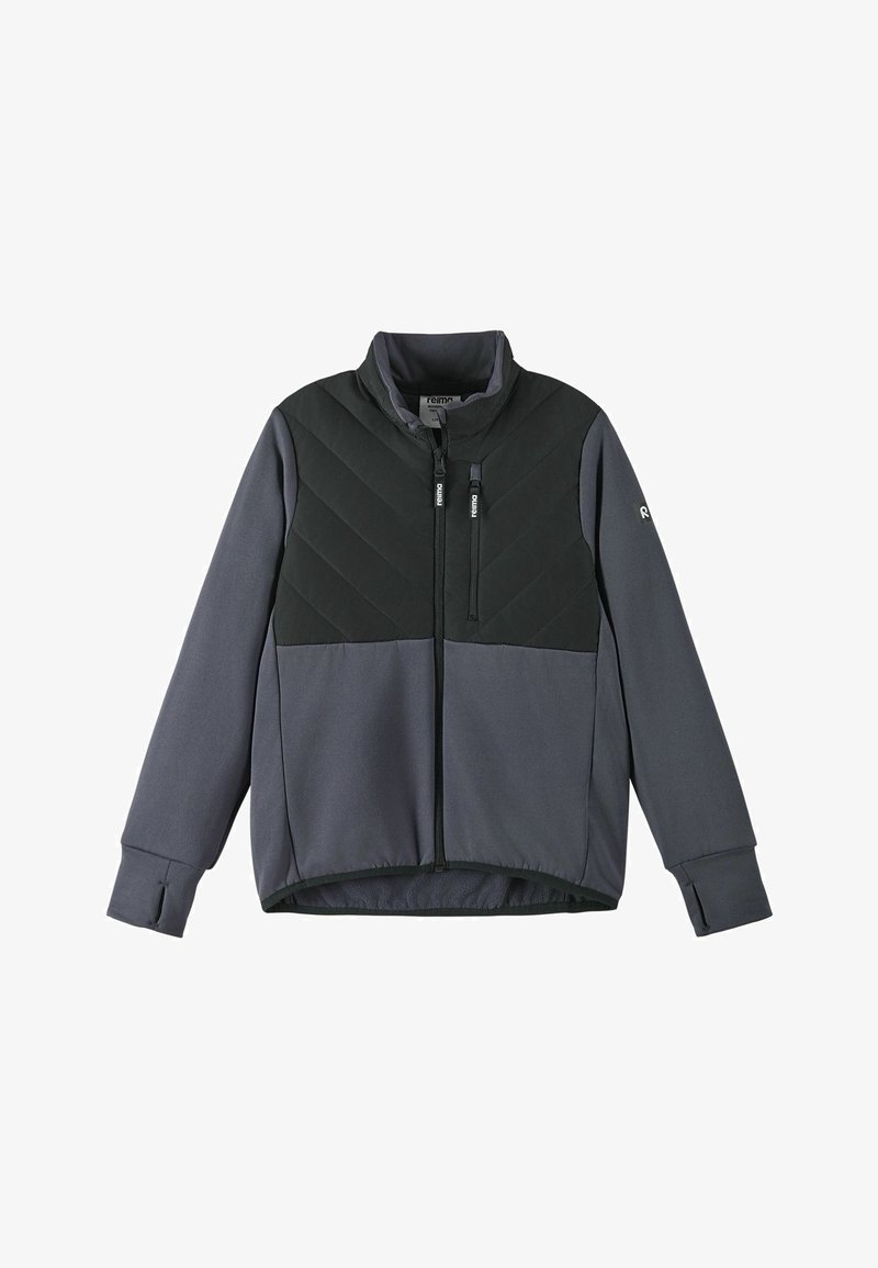 Gray and black zip-up jacket featuring a quilted, chevron pattern on top, smooth fabric, high collar, and elastic cuffs.