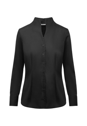Zwarte blouse met lange mouwen, gemaakt van gladde stof, voorzien van een mandarijnkraag, knoopsluiting aan de voorkant en subtiel reliëfdetail aan de zijkant.