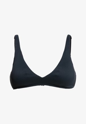 Tumed navy ribaga materjalist bralette, millel on kolmnurkne tassi kuju, reguleeritavad rihmad ja tagumine konksu sulgemine. Sile tekstuur.