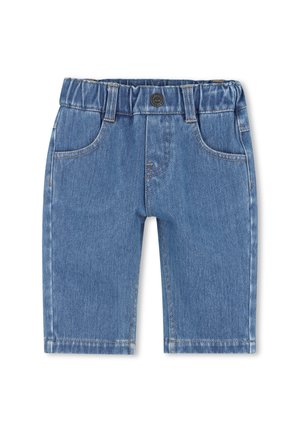 Pantalon en denim bleu pour tout-petits avec taille élastique, bouton à l'avant et poches des deux côtés.