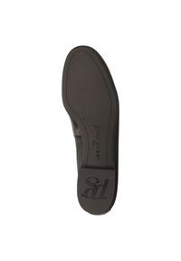 Schwarze Schuhsohle mit einer glatten Gummistruktur, ausgestattet mit einem leichten Absatz und geprägten Logodetails. Rundliche Form und minimalistisches Design.