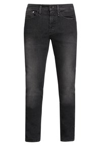 Vaqueros negros de corte ajustado para hombre, con cinco bolsillos y una cinturilla con botón, que presentan un ligero desgaste en los muslos y las rodillas.