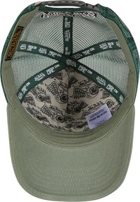 Zelená snapback čiapka s textúrovaným vonkajším povrchom a sieťovanou vnútornou podšívkou. Obsahuje brandovanú pásku a potlač na vnútornej strane.