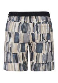Costumi da bagno con pattern che presentano un design geometrico beige, grigio e blu navy. Patta elastica in vita con una tasca posteriore e dettagli del logo.