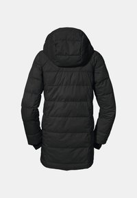 Schwarze Pufferjacke mit Kapuze, bietet ein gestepptes Design, lange Ärmel und eine leicht taillierte Form. Glatte Textur, keine sichtbaren Verschlüsse.