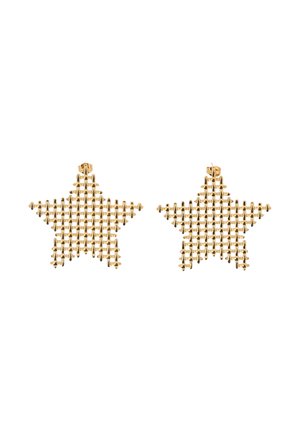 Par af guldfarvede stjerneformede øreringe med åbent gittermønster og stiftbagside på hvid baggrund.