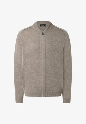 Cardigan grigio con zip, colletto rotondo, polsini e vita a costine. Realizzato in un morbido materiale a maglia, con una finitura testurizzata.