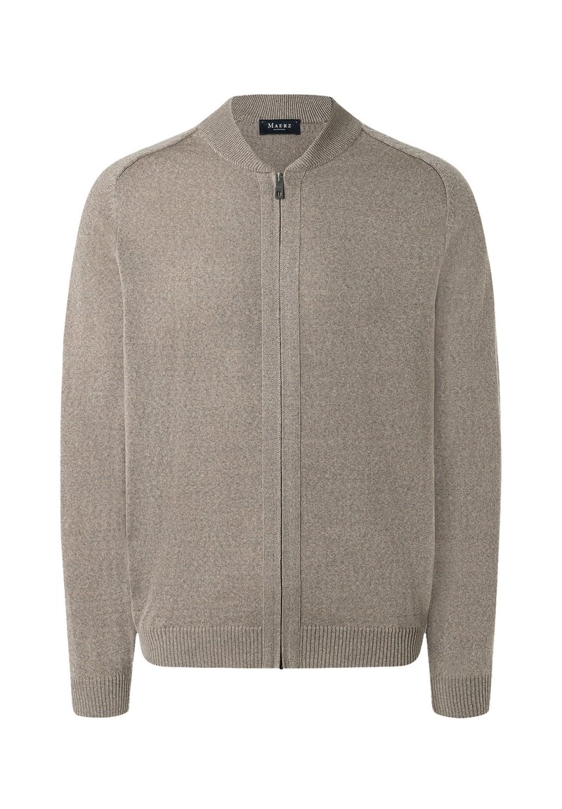 Graue Zip-Up-Strickjacke mit rundem Kragen, gerippten Bündchen und Saum. Hergestellt aus einem weichen Strickmaterial mit strukturiertem Finish.