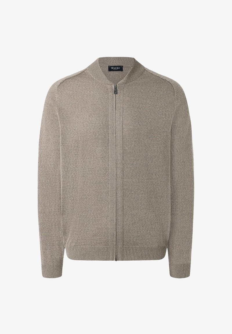 Šedý cardigan na zip s kulatým límcem, žebrovanými manžetami a pasem. Vyrobený z měkkého pleteného materiálu, s texturovaným povrchem.