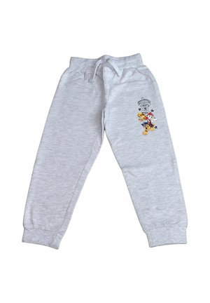 Hellgraue Kinder-Sweathosen mit Kordelzugbund und bunten Cartoon-Hundemotiven auf dem oberen linken Bein.