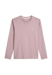 Jasnofioletowa, długi rękaw, koszulka z okrągłym dekoltem, z małym białym logo "M OP" na lewej piersi, prosta stylistyka, wykonana z miękkiego materiału.