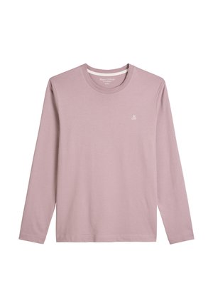 Jasnofioletowa, długi rękaw, koszulka z okrągłym dekoltem, z małym białym logo "M OP" na lewej piersi, prosta stylistyka, wykonana z miękkiego materiału.