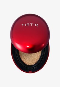 Red, glossy compact with TIRTIR logo; contains a sponge saturated with beige cushion foundation; circular shape with black accents.