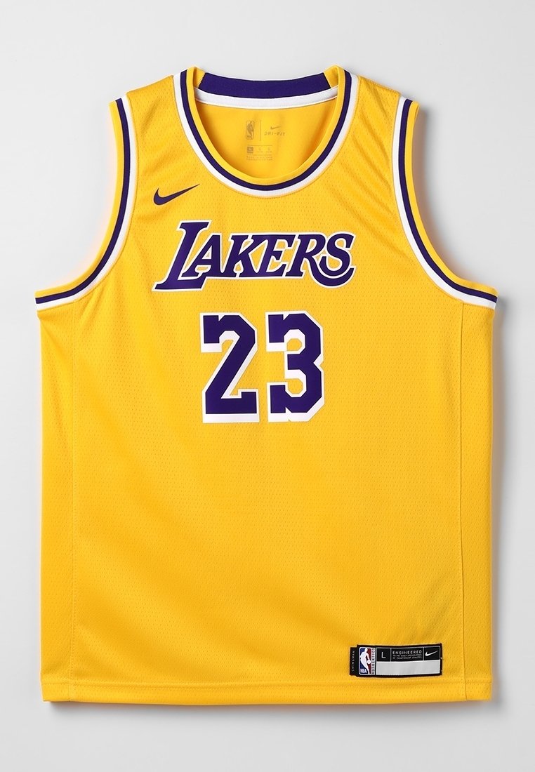 Žlutý basketbalový dres Los Angeles Lakers s purpurovým a bílým obšitím, číslo 23, logo Nike a emblém NBA na spodním lemu.